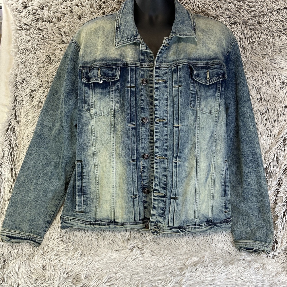Grindhouse Denim Faded Light Blue Jean Jacket Pleated Mens 2XL‎ Trucker Grunge